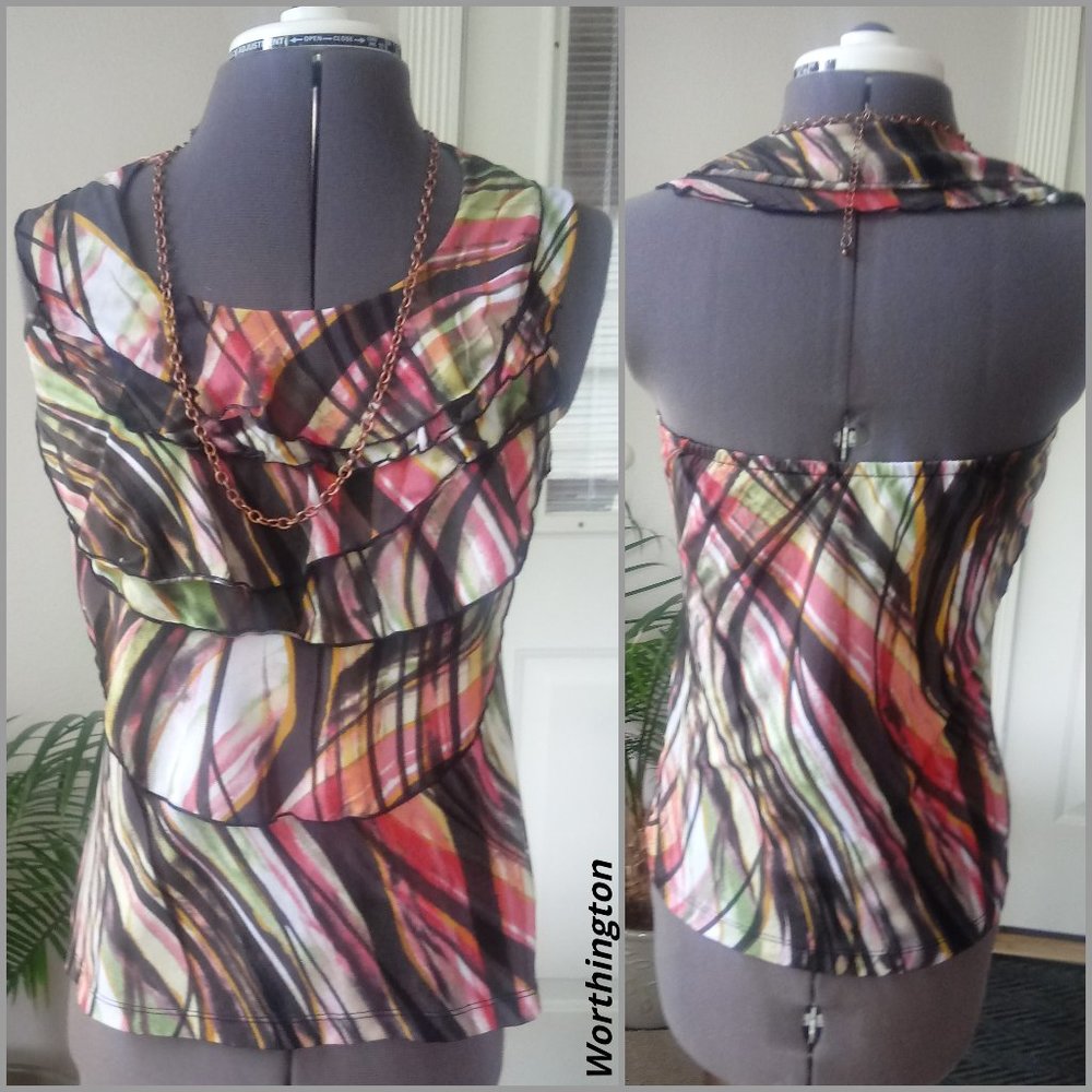 Worthington Multicolor Ruffle Front Tank Top - Black, Pink, Green, Yellow